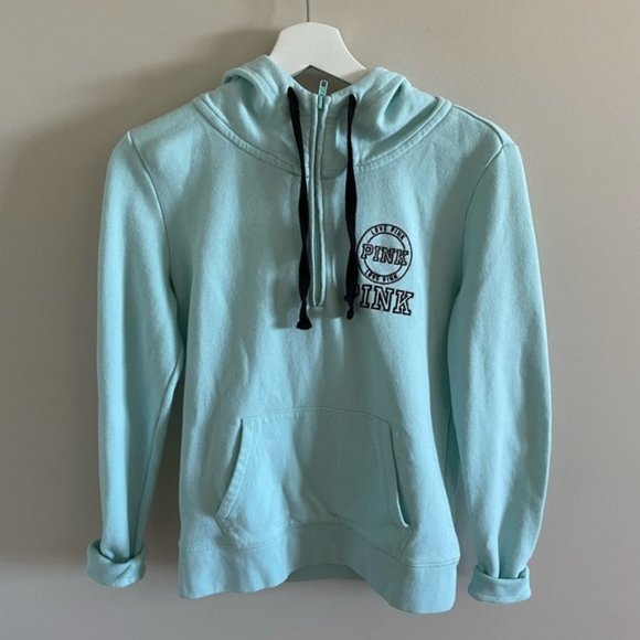 Victoria's Secret Pink Blue and Black Quarter Zip Hooded Sweatshirt Size Small - Picture 1 of 5